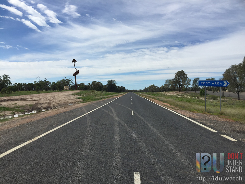 The Castlereagh Highway at the town naming site. Local artist John Murray's gigantic sculpture of Stanley the Emu stands on the left, built from a Volkswagen beetle body suspended above the ground on steel beams.