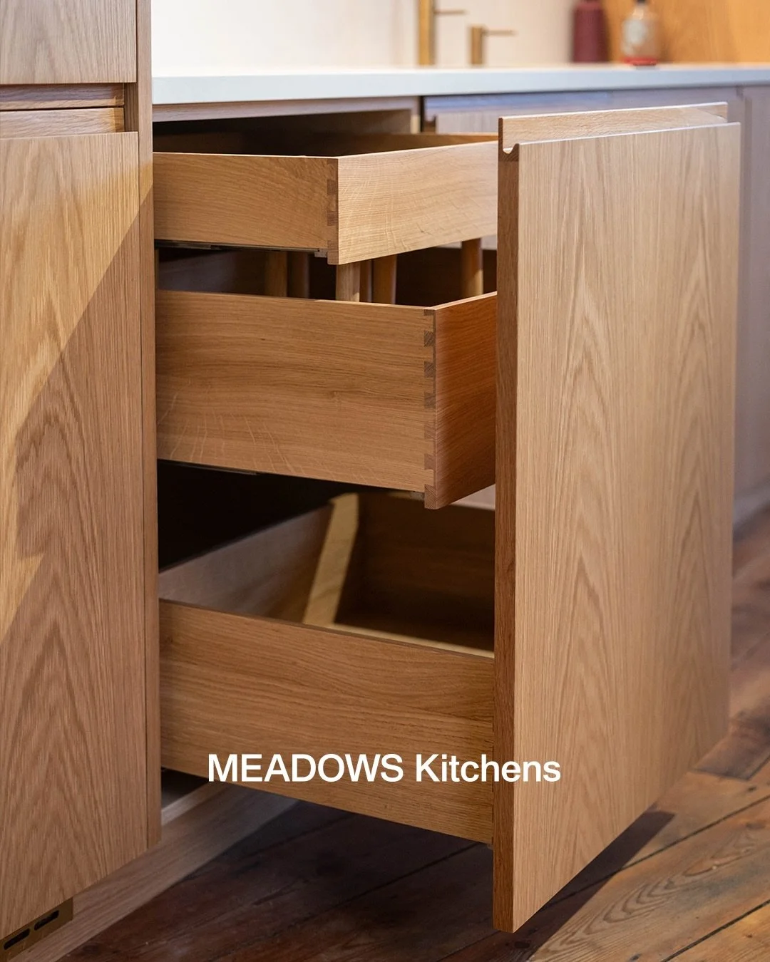 Our solid wooden dovetail drawer boxes can be made in any species of wood to match your kitchen - be it Walnut, Oak, Ash, Cherry, Maple, the list goes on. 

We pair them with Blum Movento full-extension runners so your drawers glide effortlessly ever