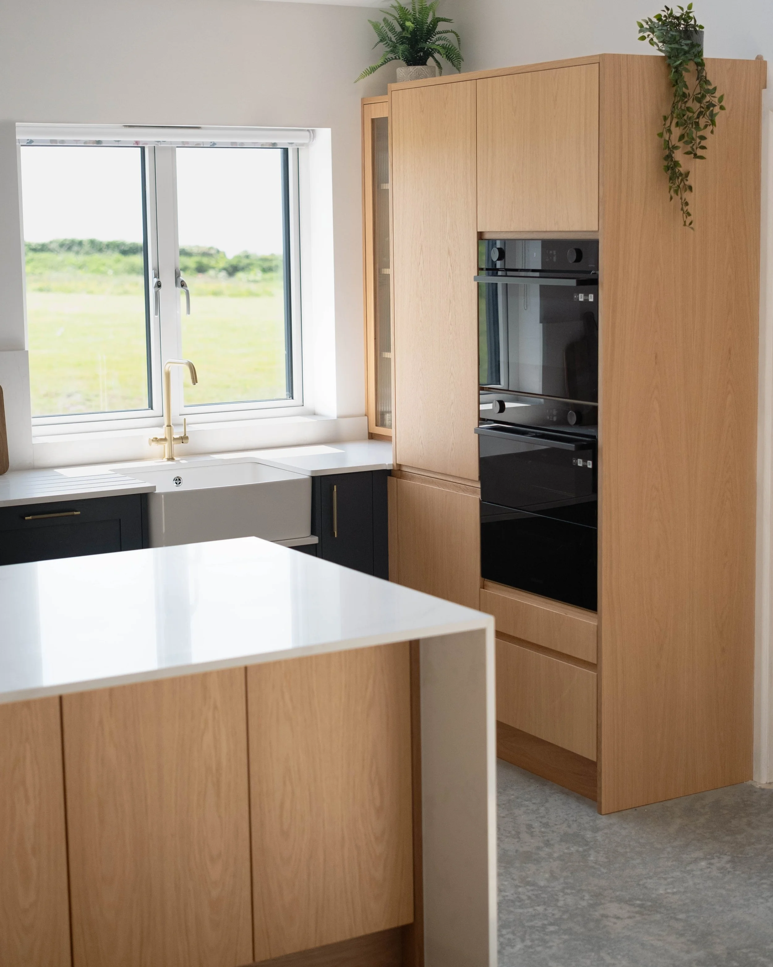Modern kitchen with wooden cabinets, a black oven, and a window with a view of greenery outside. There are plants on top of the cabinets.
