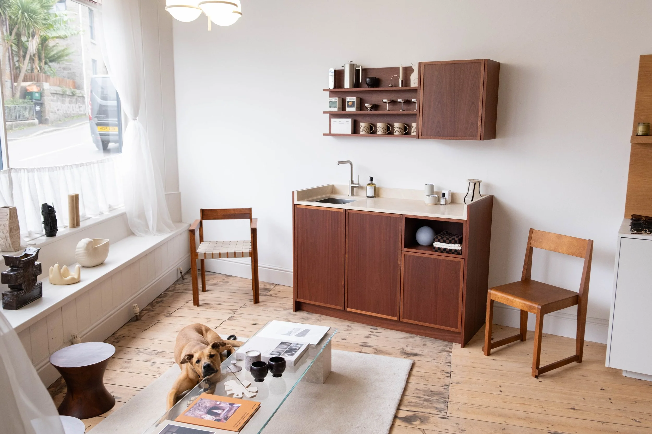 A cozy living room with wooden flooring, a white wall, a window with white curtains, a wooden chair, a coffee table with books and black cups, a small dog lying on the floor, and wooden wall-mounted cabinets with decorative items.
