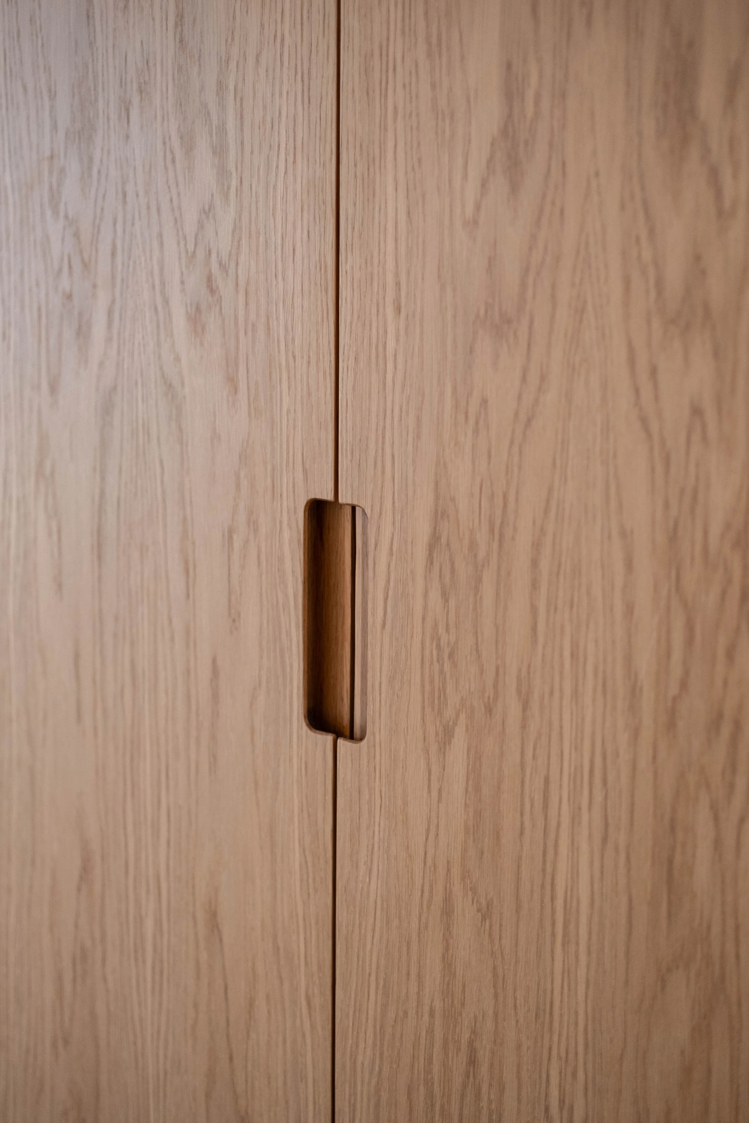 Close-up photo of a wooden cabinet door with a rectangular cutout handle.