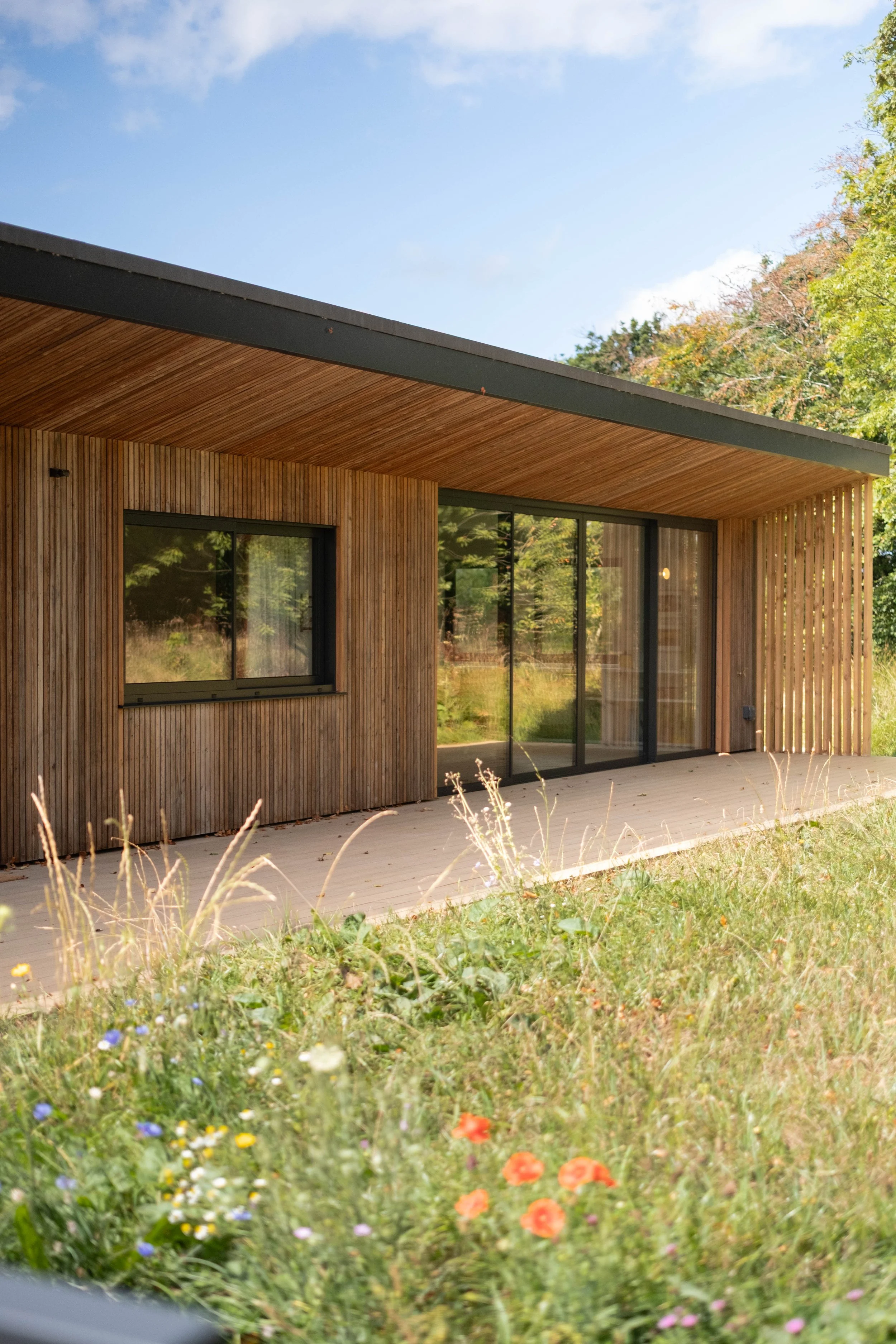 A modern house with wood paneling, large windows, and an overhanging roof, surrounded by a grassy area with wildflowers, trees, and a clear blue sky overhead.