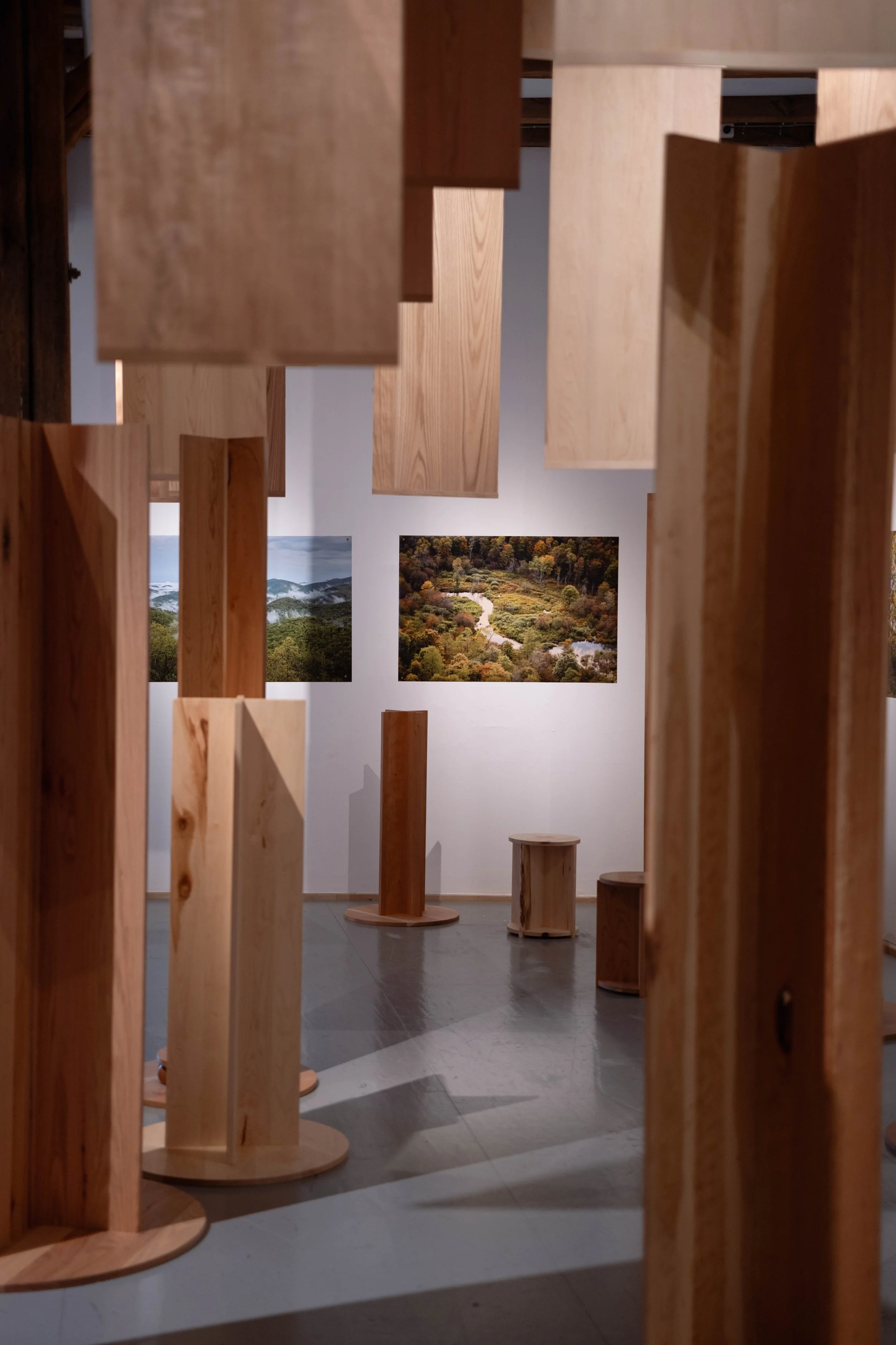 Wooden furniture pieces and landscape photographs displayed in an art gallery or exhibition space.