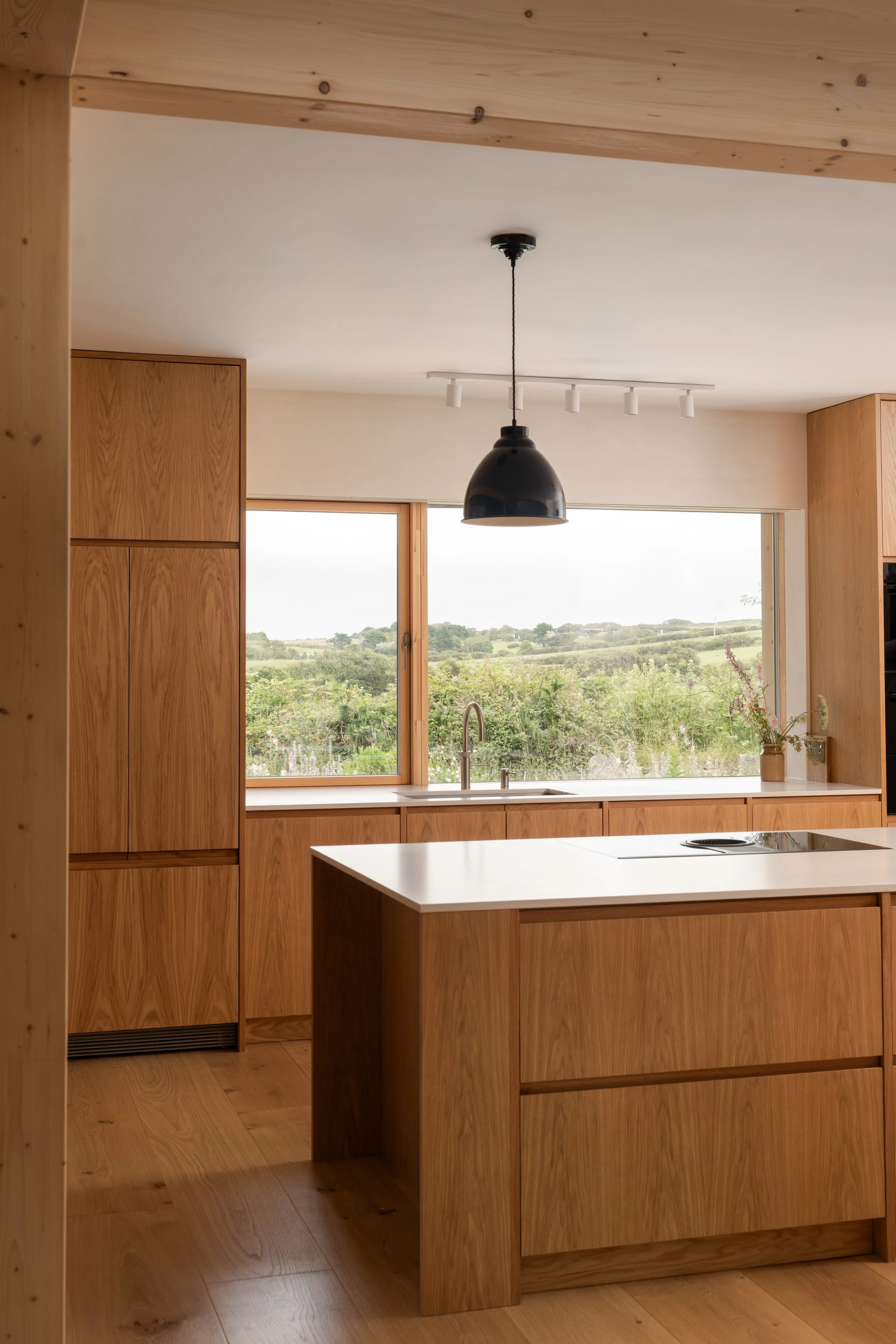 A modern kitchen with wooden cabinets, a white countertop, a black pendant light, and large windows showing a green landscape outside.