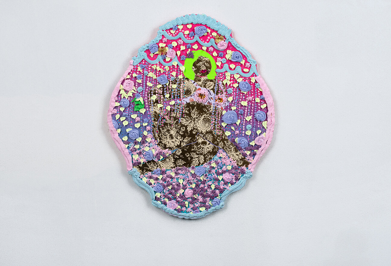 Nalgona, 2021. Mixed media collage on wood panel, 20 x 16.5 inches