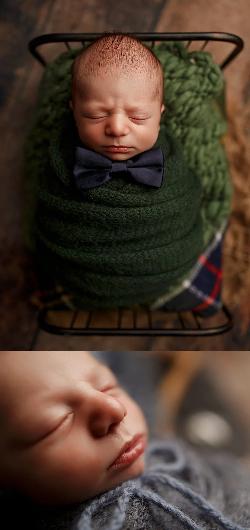 Newborn in bow tie and forest green swaddle asleep on a plaid blanket during his newborn photo session in New Jersey