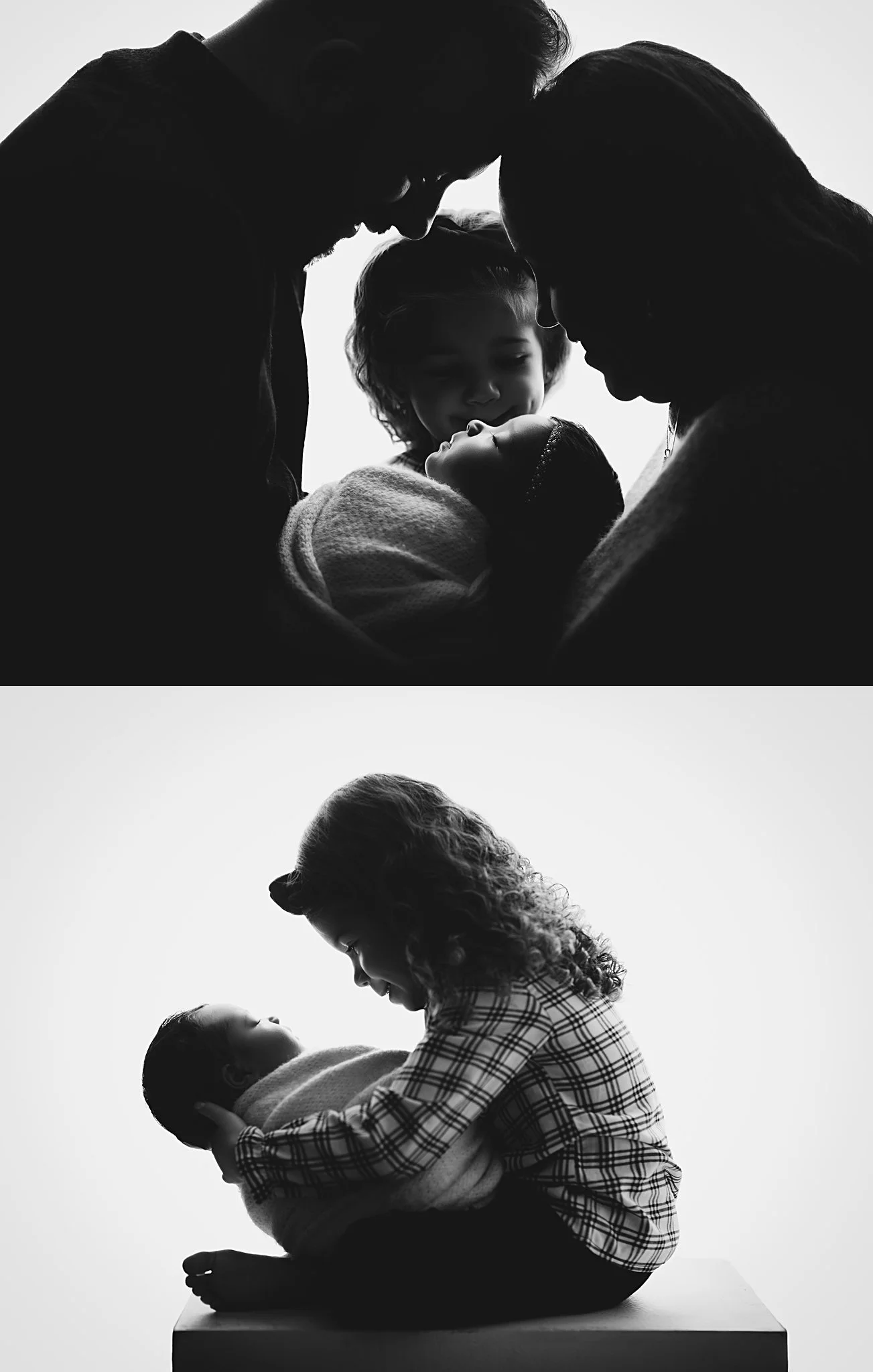 Black and white silhouettes of parents and big sister leaning over baby and gazing at her lovingly in New Jersey studio