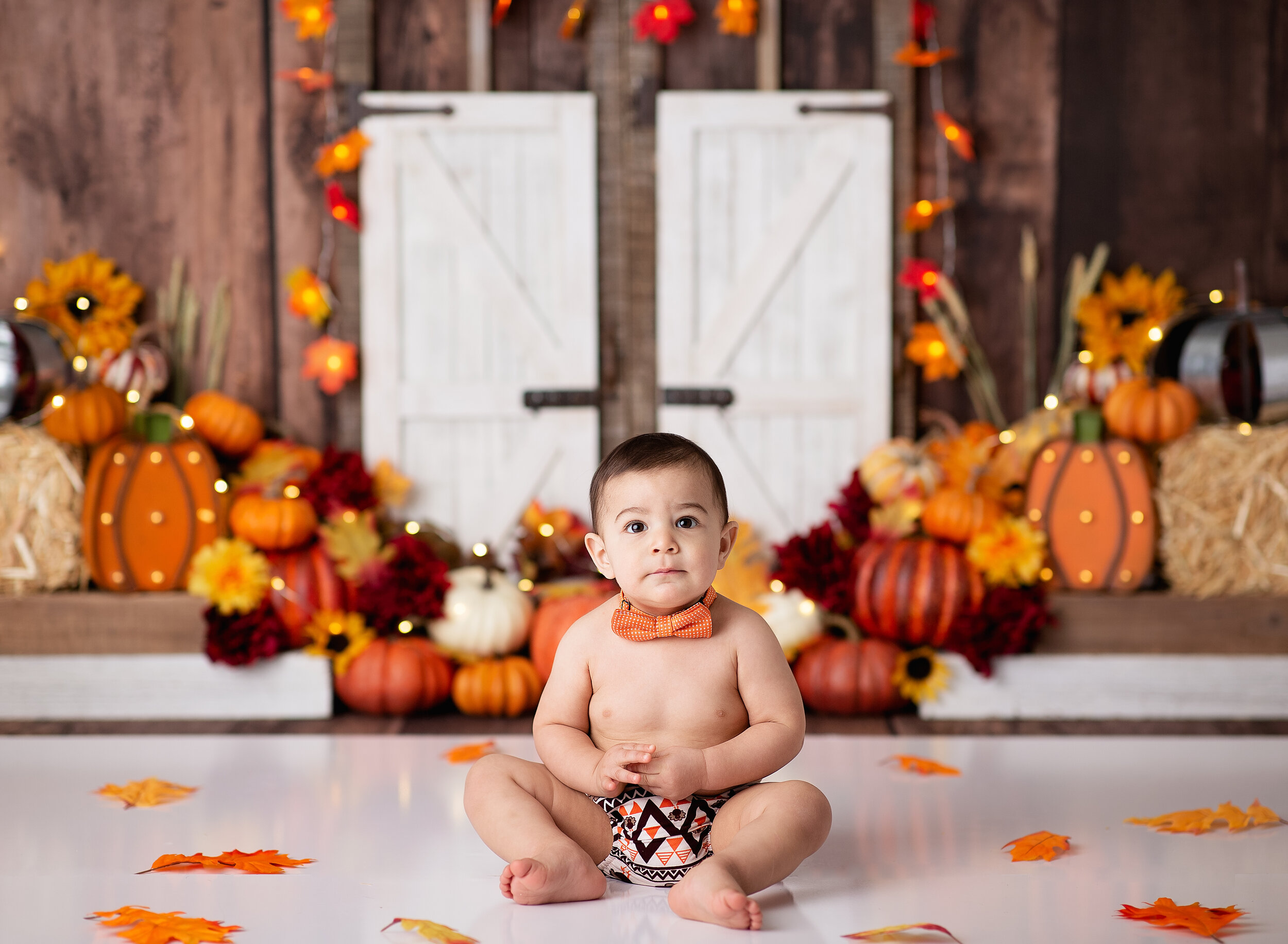  Pumpkins and fall leaves decorate the studio as baby boy smiles for his one year photoshoot 