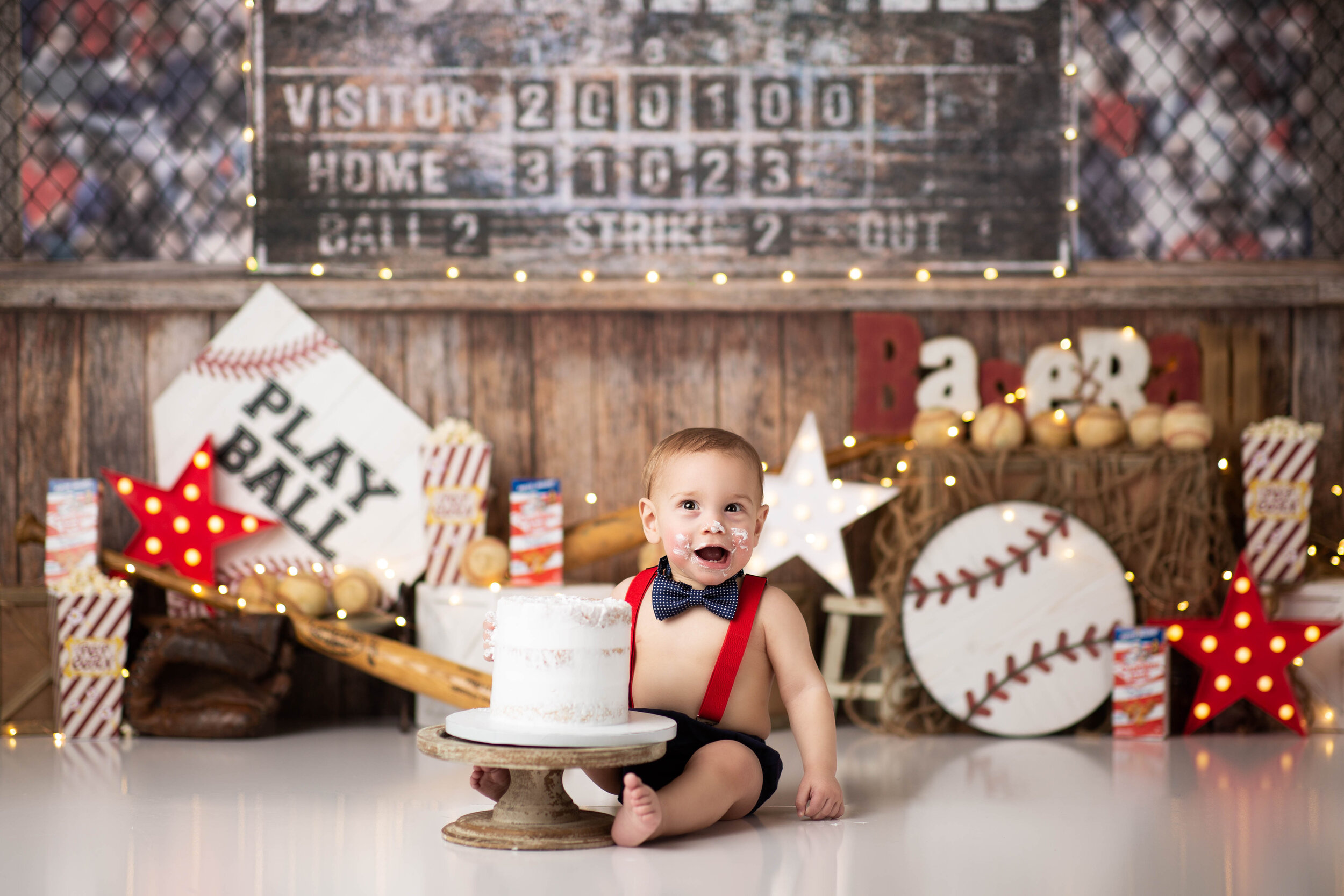  Baseball themed cake smash with scoreboard 