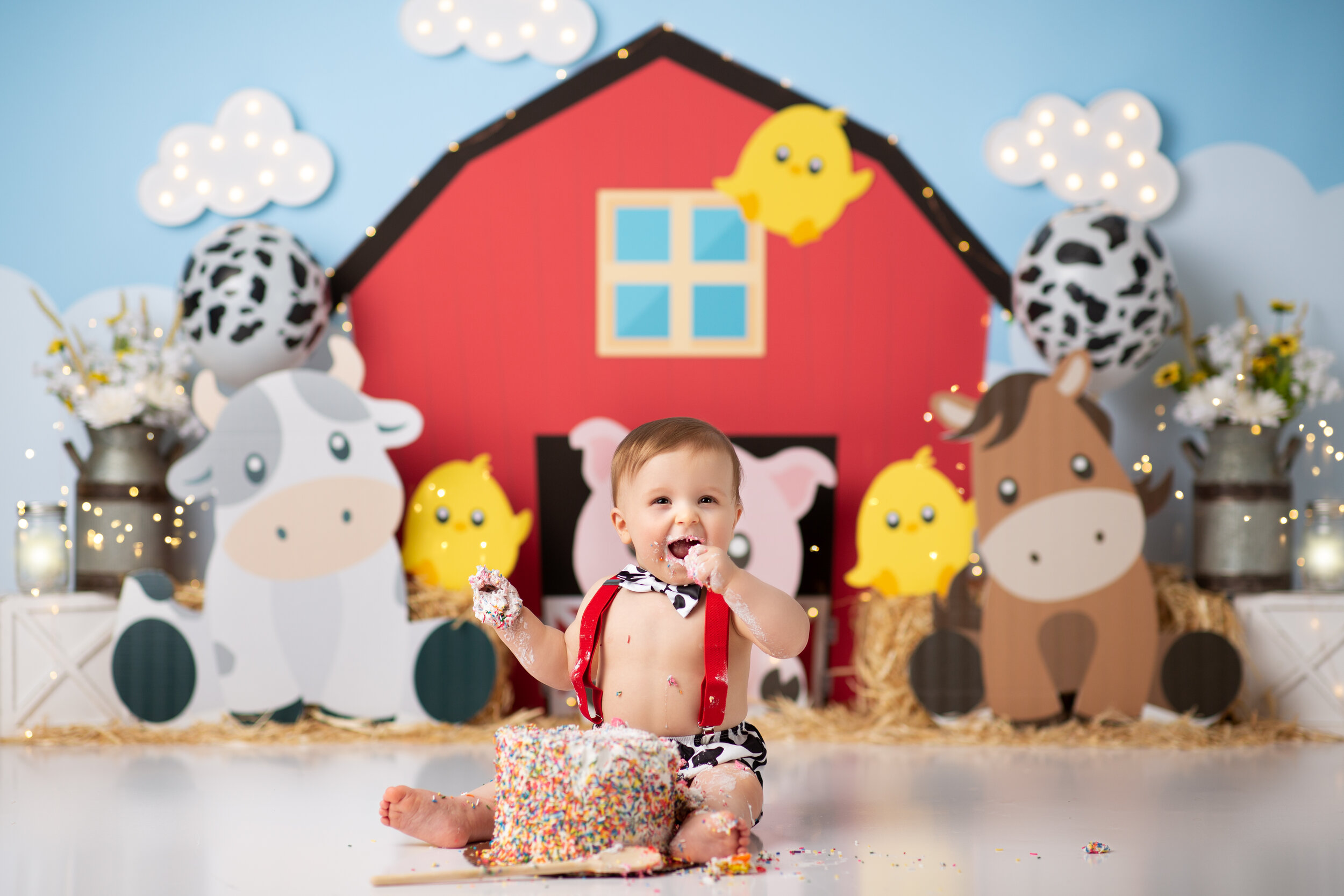  Young boy in overalls eating his first birthday cake against a backdrop of a red barn and happy farm animals 
