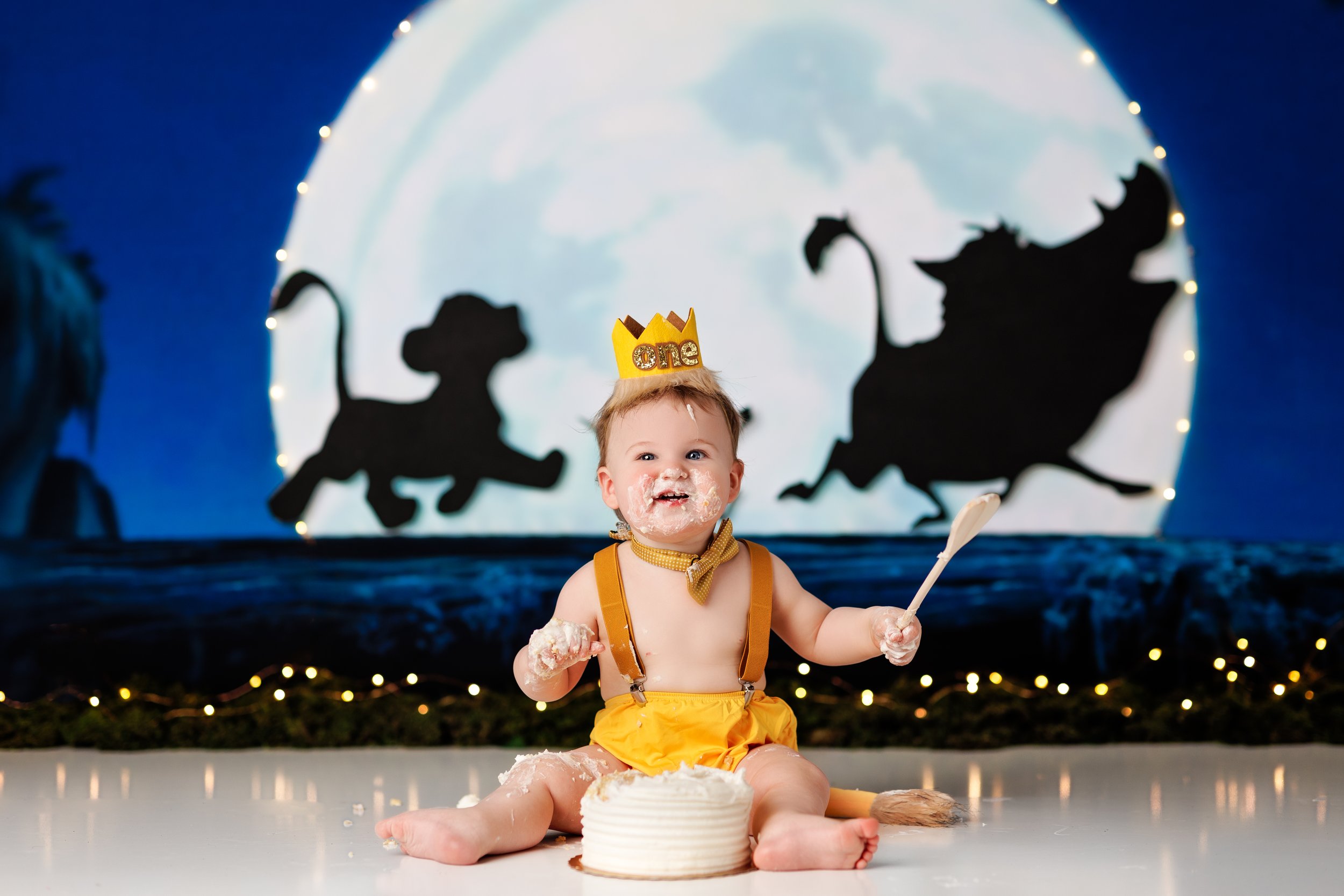  Cute kiddo in Simba costume with Disney’s Lion King character silhouetted behind him 