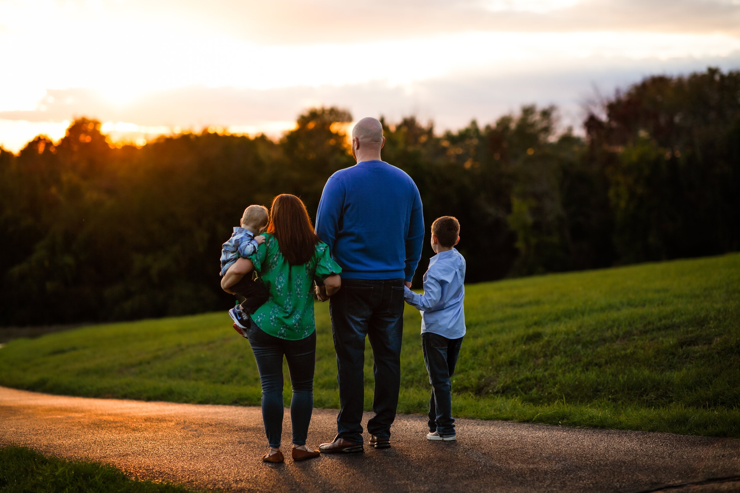  Back view of family holding hands as they gaze at the sun setting behind the trees 