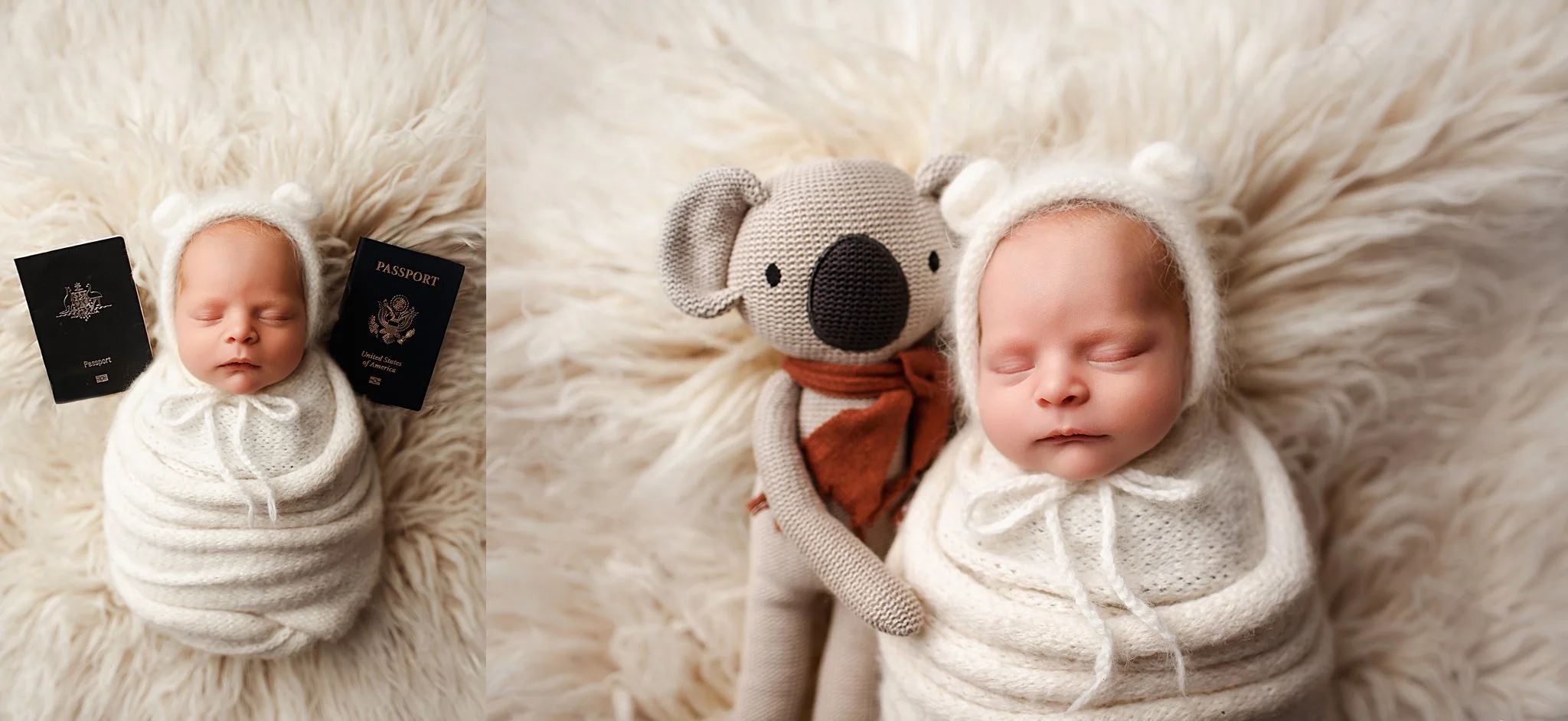 Baby boy in white swaddle and bear cap snuggled up with a koala bear toy with his parents U.S. and Australian passports next to him