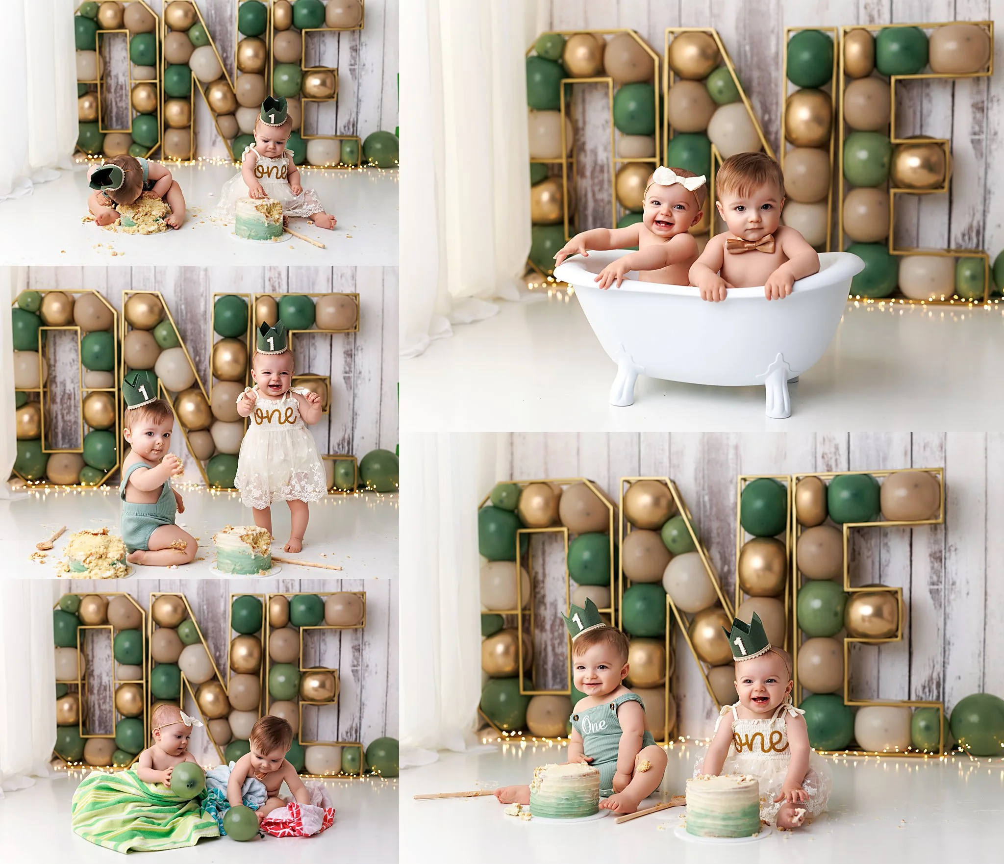 Twin brother and sister celebrating their first birthday with a simple green and gold cake smash and splash