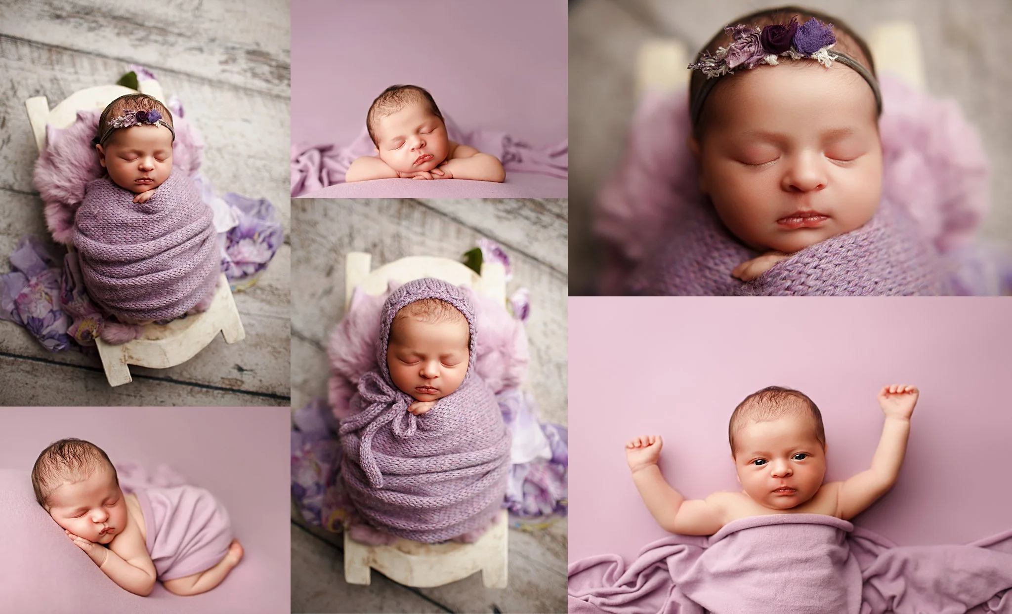 Collage of newborn girl in lavender wraps, floral headbands, and purple blankets as she sleeps during her newborn session in West Milford New Jersey