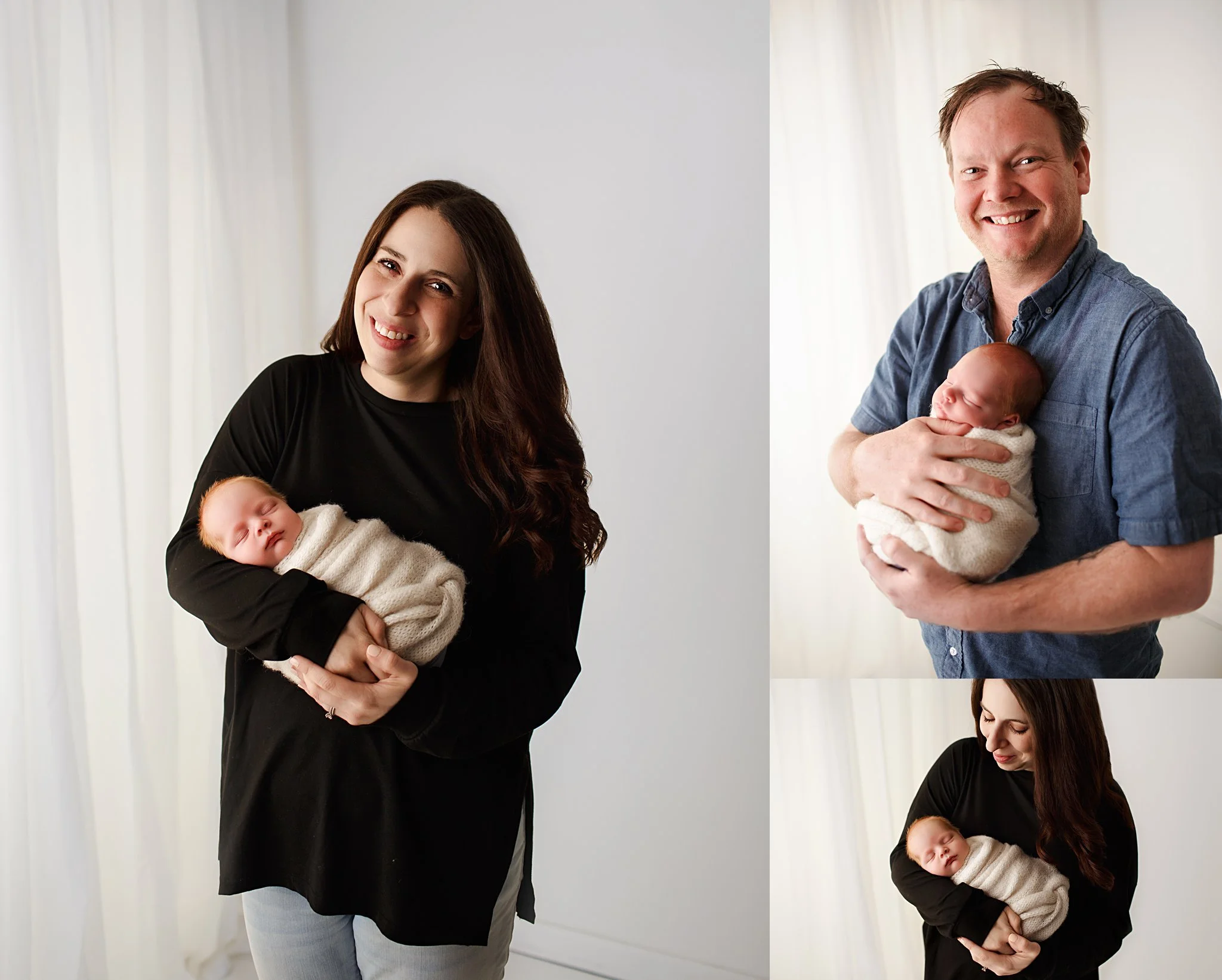 Parents in front of a white curtained alcove in New Jersey studio holding their newborn and smiling