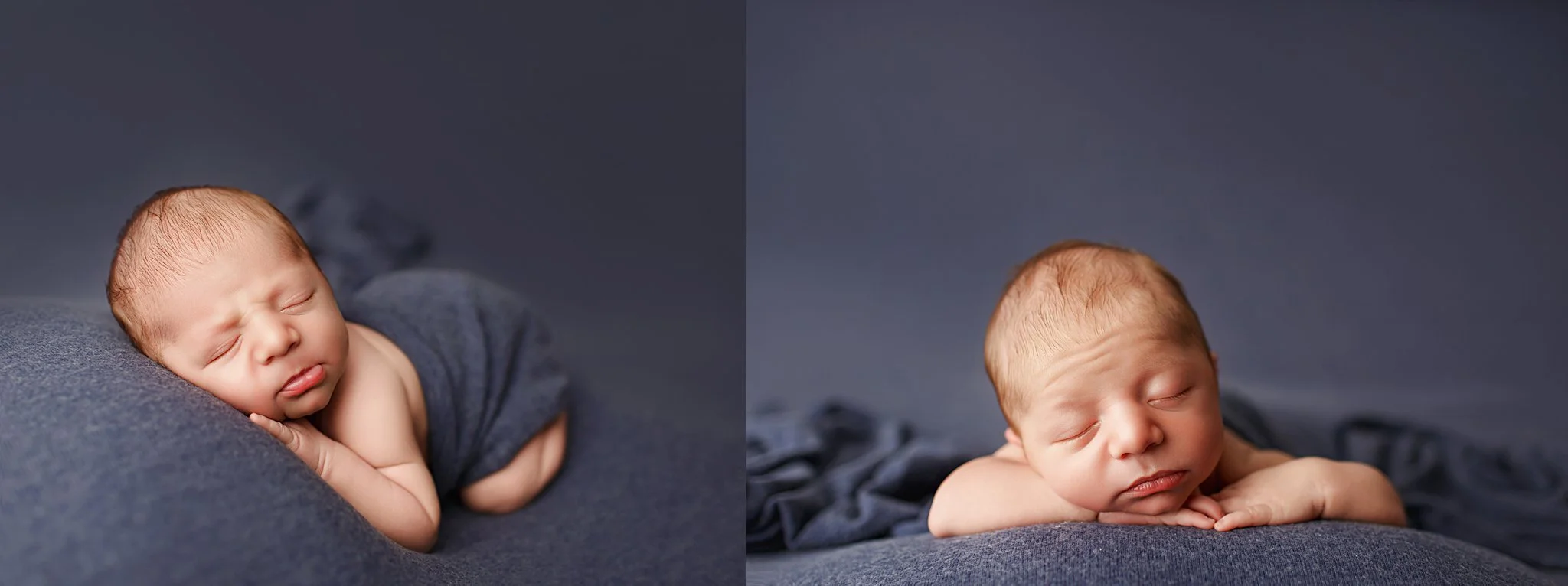 Baby boy asleep on his tummy with gray-blue swaddle wrapped around him