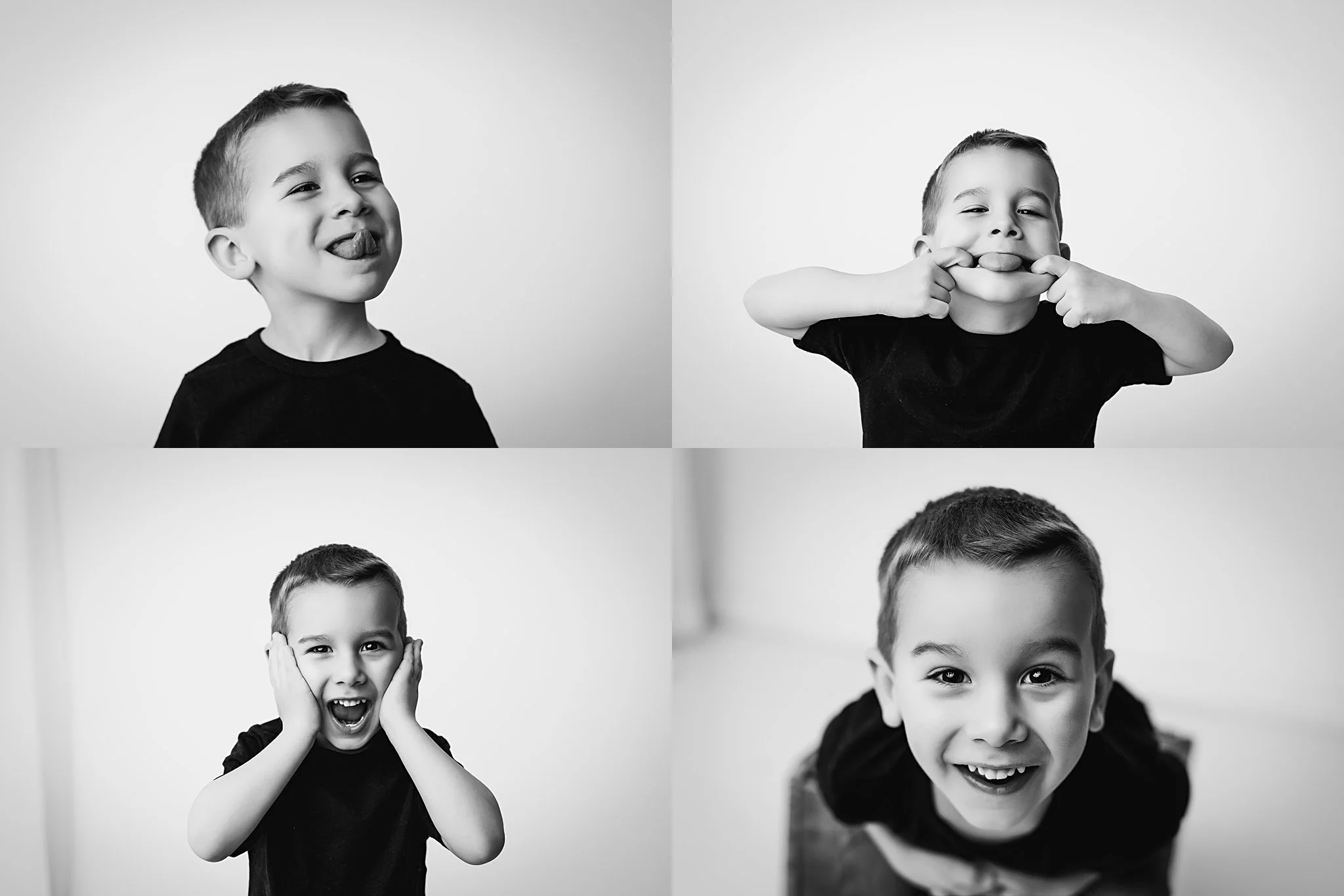 Little boy in a black t-shirt pulling silly faces during a Personality Portraits mini session in NJ studio