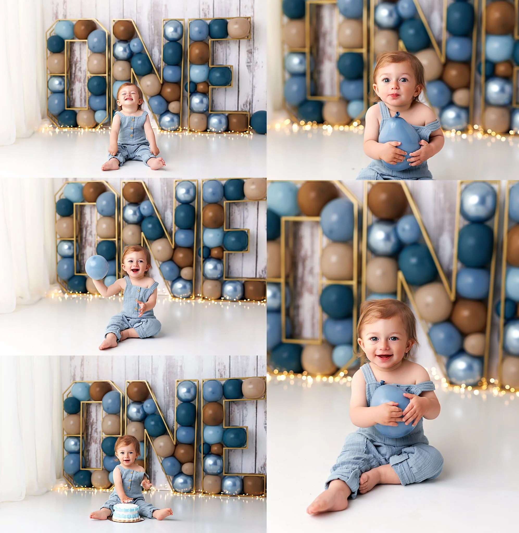 Smiling baby boy enjoying his cake smash against a simple studio backdrop of balloons, lights, and a number ONE prop