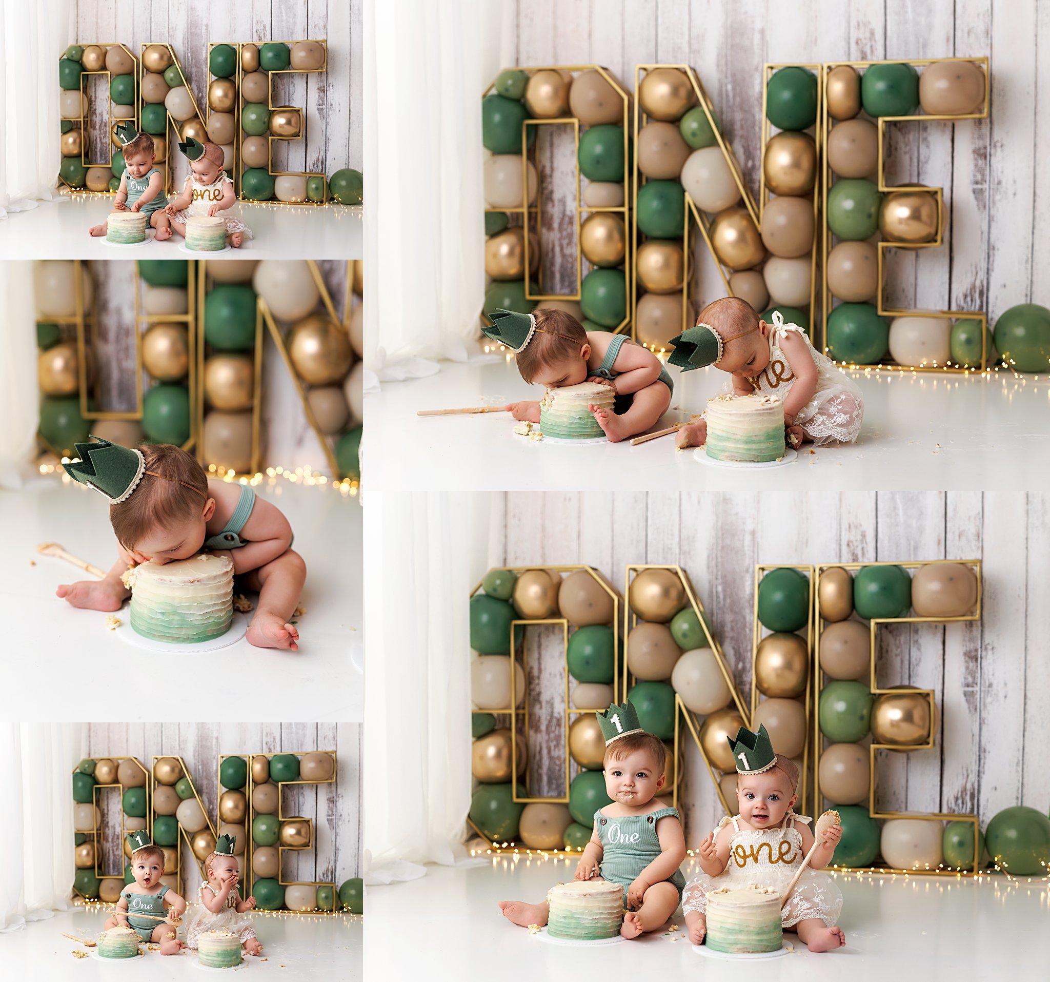 Twin brother and sister diving into their matching cakes during a cake smash session in New Jersey
