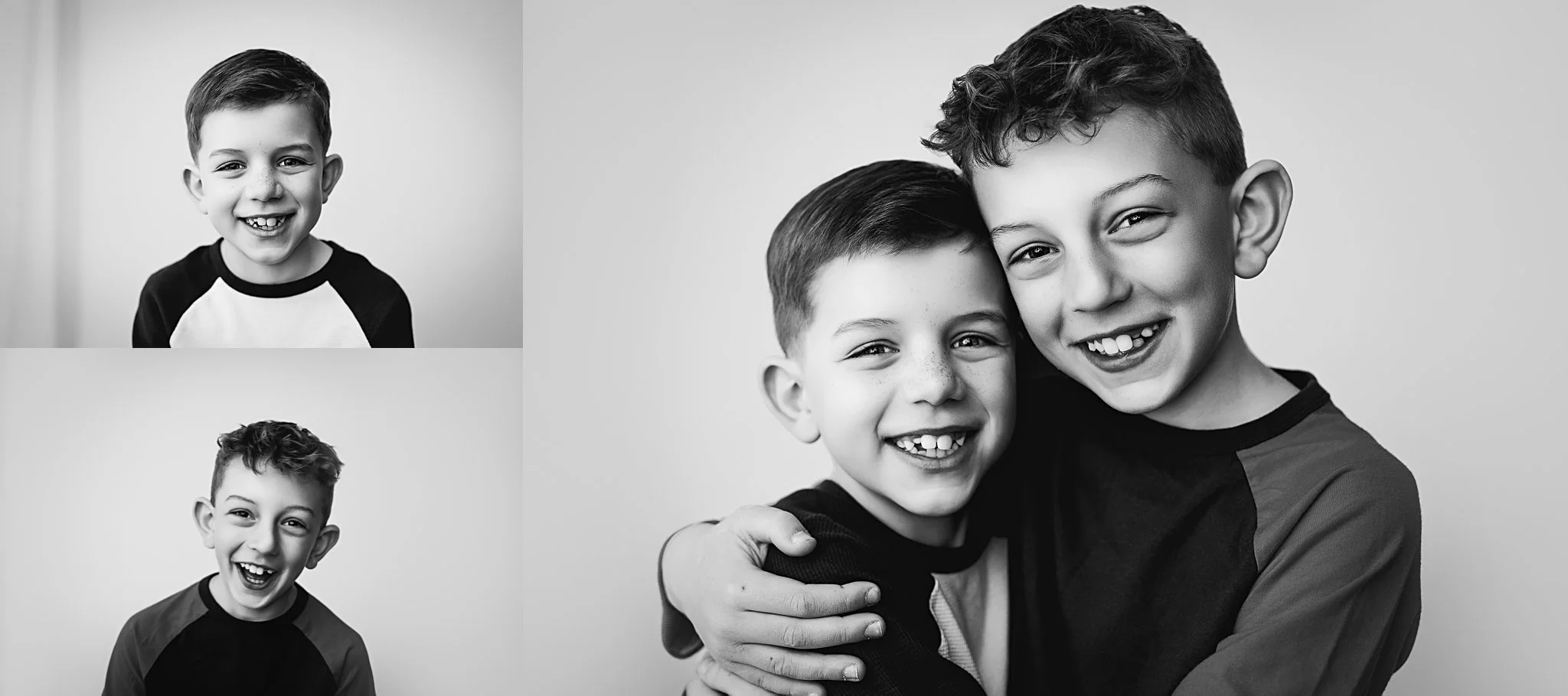 Two boys hugging during their studio portrait session in New Jersey