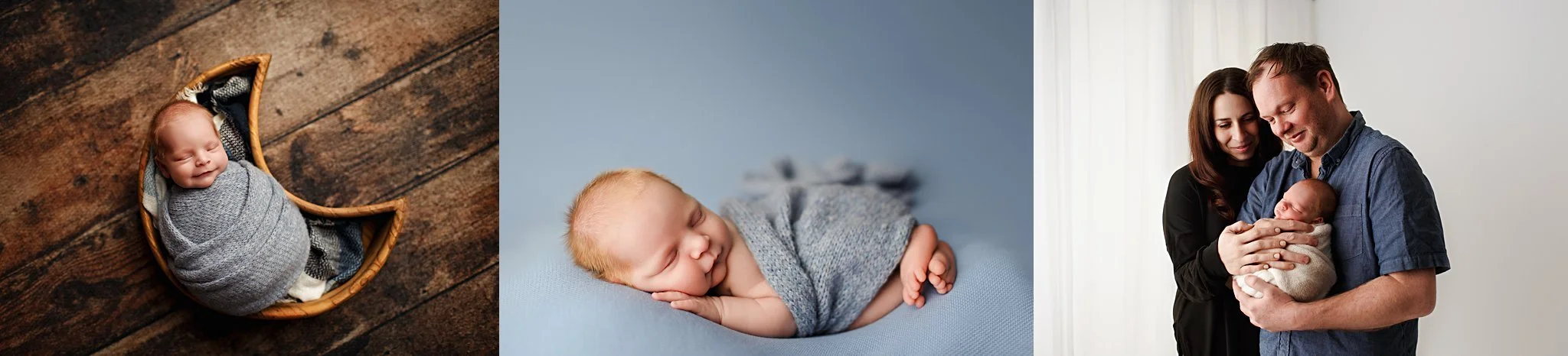 Triptych of new baby asleep on his tummy, snuggled in a moon-shaped basket, and held in his parents arms in New Jersey studio