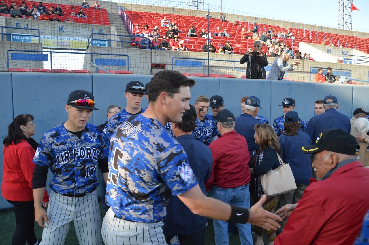 Prior to the start of the Fresno State/Air Force baseball game, players from both teams welcomed the veterans and FFA members. Photo provided by Los Banos FFA