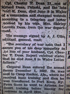 The newspaper article in the Lowville Journal and Republican reporting the death of Corporal Chester T. Dean
