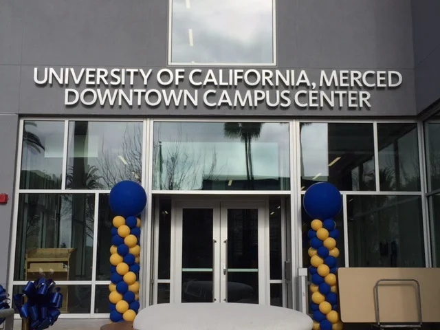 School colors blue and gold adorn the entrance to the new UC Merced Downtown Campus Center. Photo: Steve Newvine