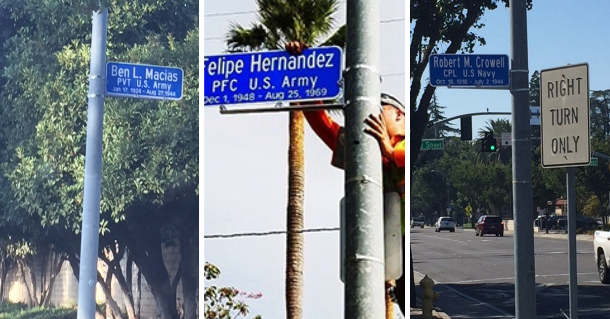 Signs Along Veterans Boulevard Call Out 80 Military Killed in Action. Photo by Steve Newvine.