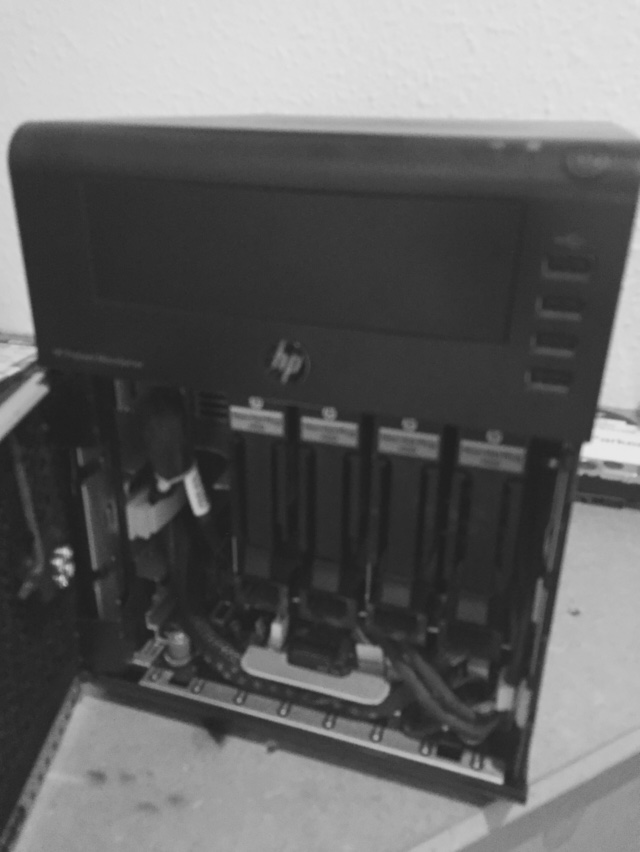 not sure why this is in black and white but heres the unit opened up showing the 4x western digital drives