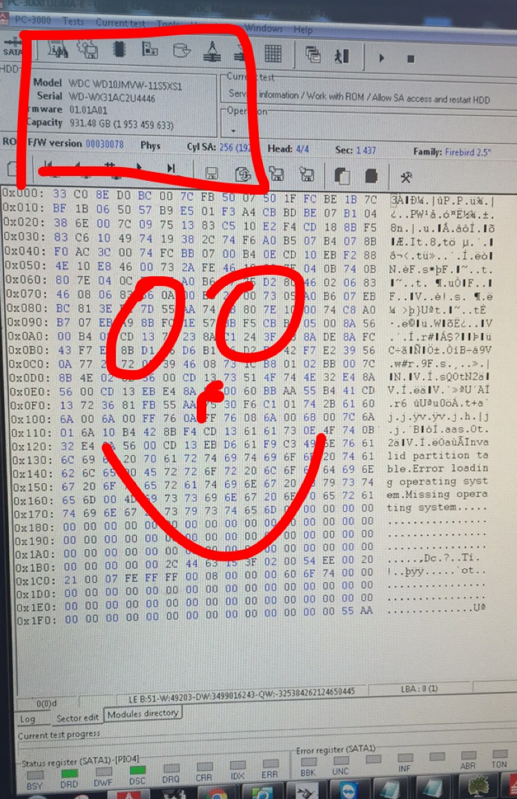 Finally after some service area adjustment we can see the drive Model and S/N is visible, now that we have a working drive we need to extract the customer data. 