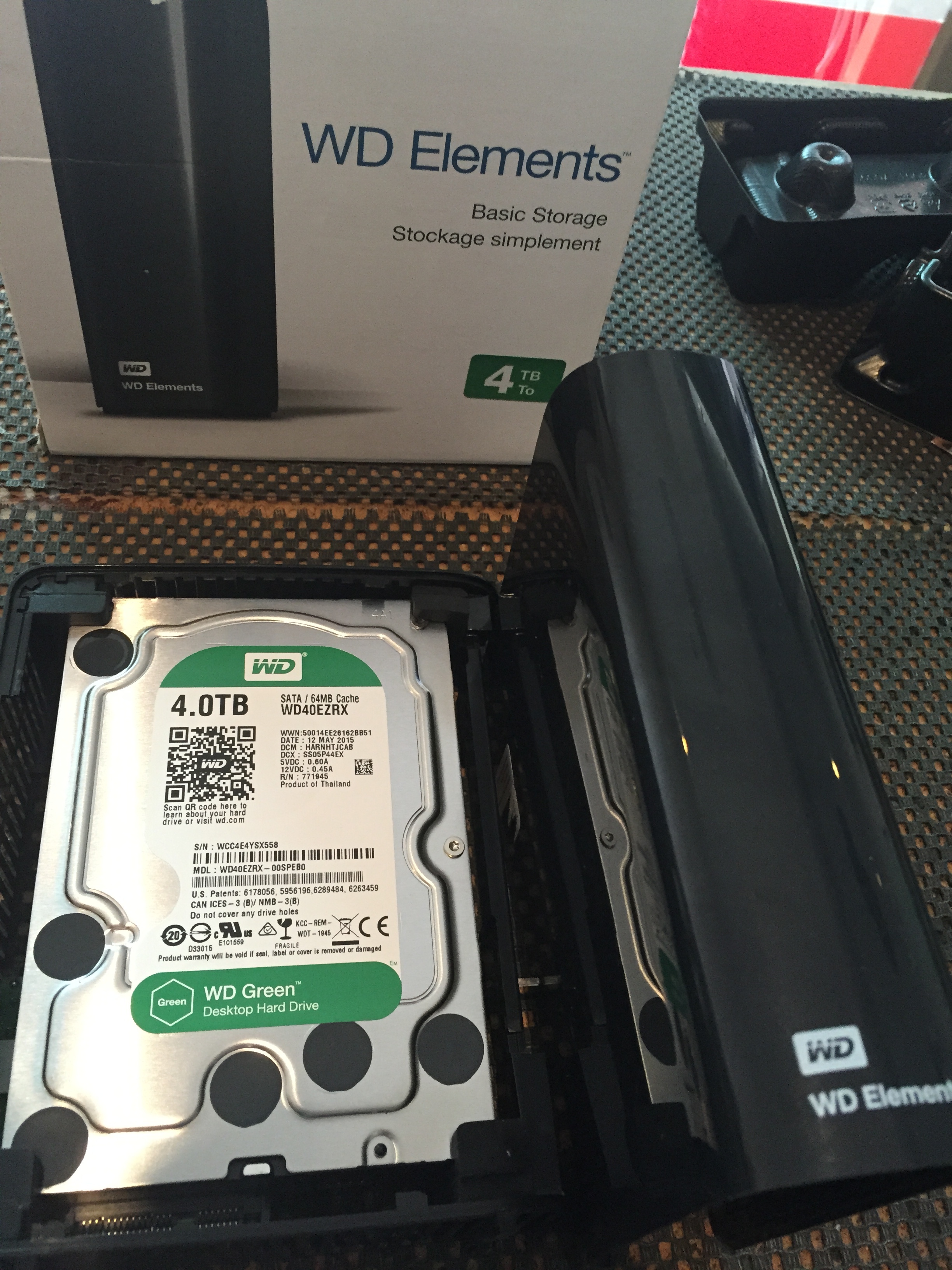 The drive inside the black case is a 4TB WD40EZRX-00SPEB0