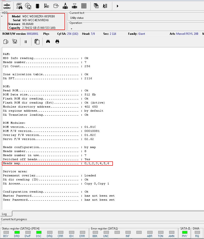 This is an interesting image as it shows the 3TB donor drive that we are going to use for parts, note that the "head map" is using 7 heads instead of 8. (but 8 still exist)