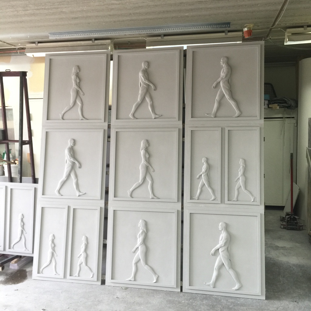 3D printed panels in concrete ready to be fixed the building.