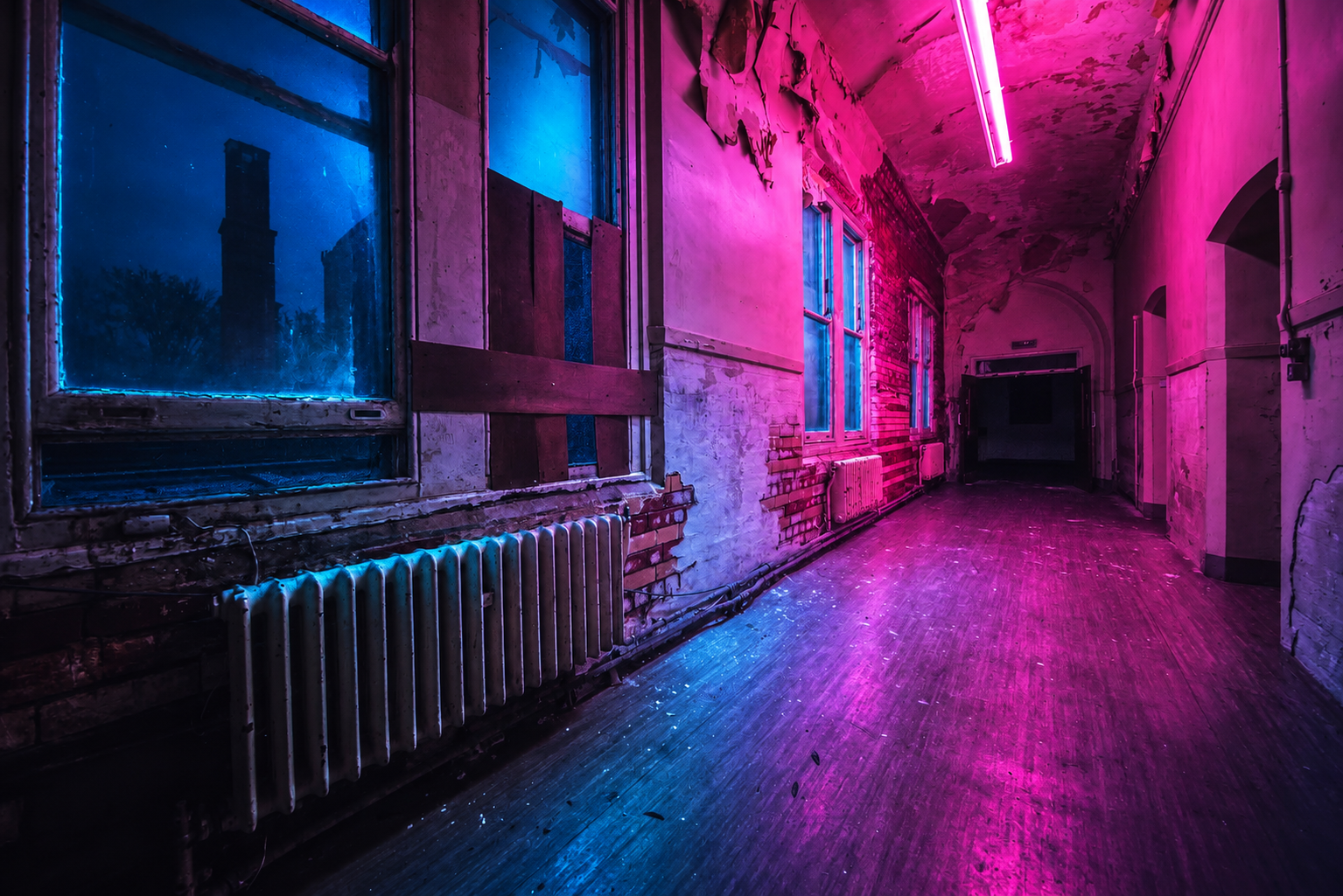 Magenta and cyan abandoned corridor.png