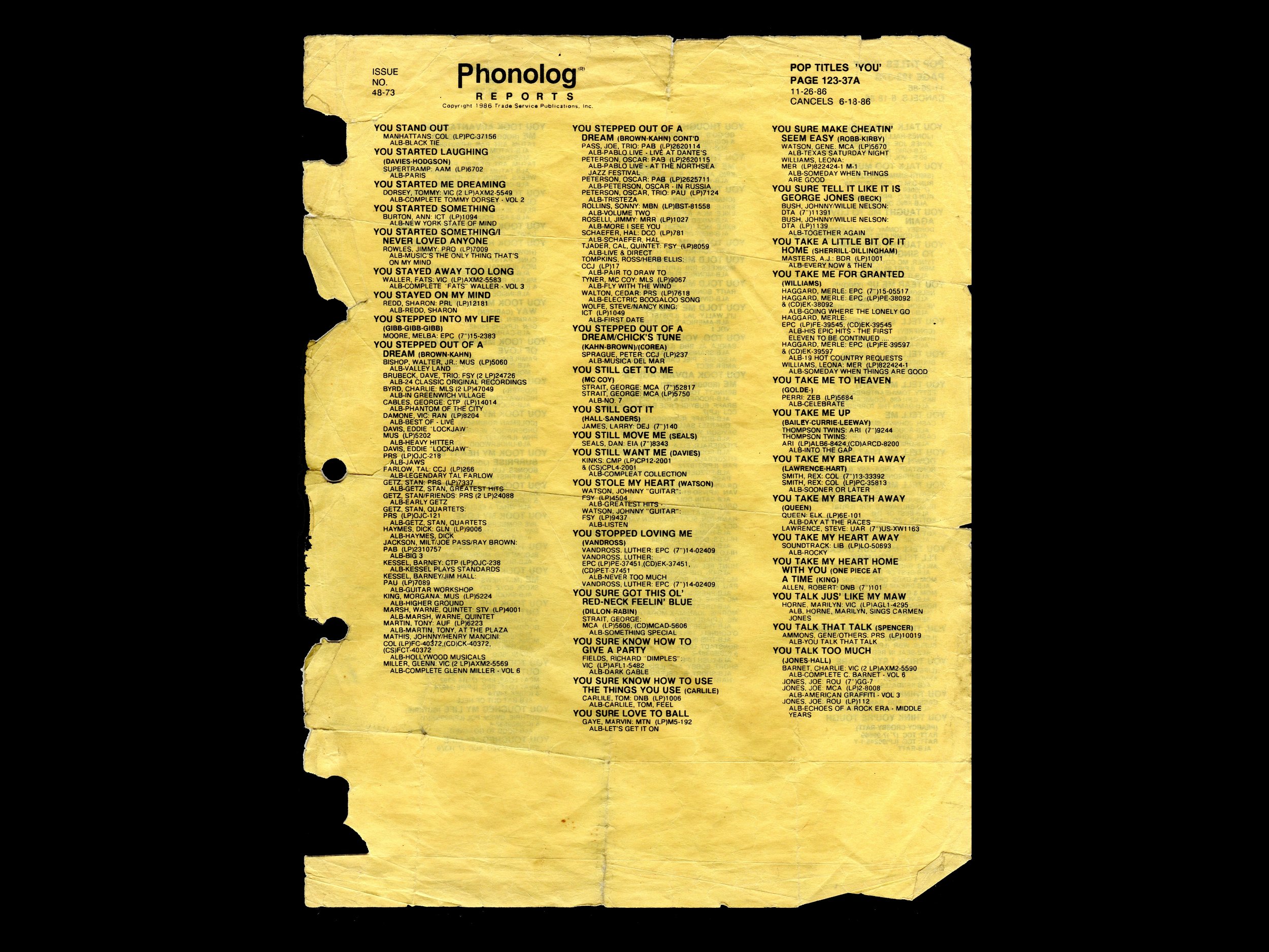  One side of the page from the phonolog which she tore out and still uses in her performances of  Pop Titles 'You'  