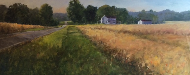  In September The Ohio Plein Air Society held their annual Paint Out in Alexandria, Ohio. My painting "The Road Home" was selected after the competition to be shown in their show for two months at Sunbear Gallery. In this plein air competition artists are given locations that the land owner has approved the painting on their property. We also had the option of just driving around until we found a spot that inspired us. The event last three days with Friday and Saturday for painting and Sunday for the judging. Friday i was driving around looking for a spot and was captured by this farm early in the morning. This is a 15X30" board and I think I liked the way using a long rectangle helped convey the acreage on which this small farm was sitting. The fields at that time of year were that wonderful golden color.