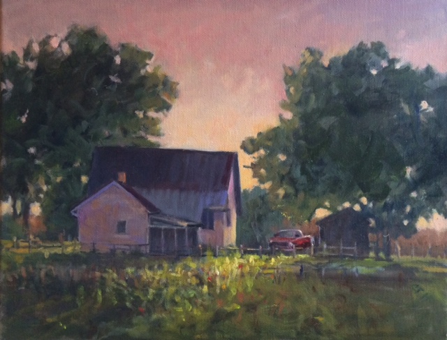  On one of my walks with my buddy and Izzy the trail passes this abandoned looking house. One day the drive had several cars parked and to our surprise using the track behind the house were jockeys driving buggies for harness racing. ( you can see I don"t know the right terminology) It was the red truck that called for a painting as well as the muted hues of the unpainted wooden siding on the house.