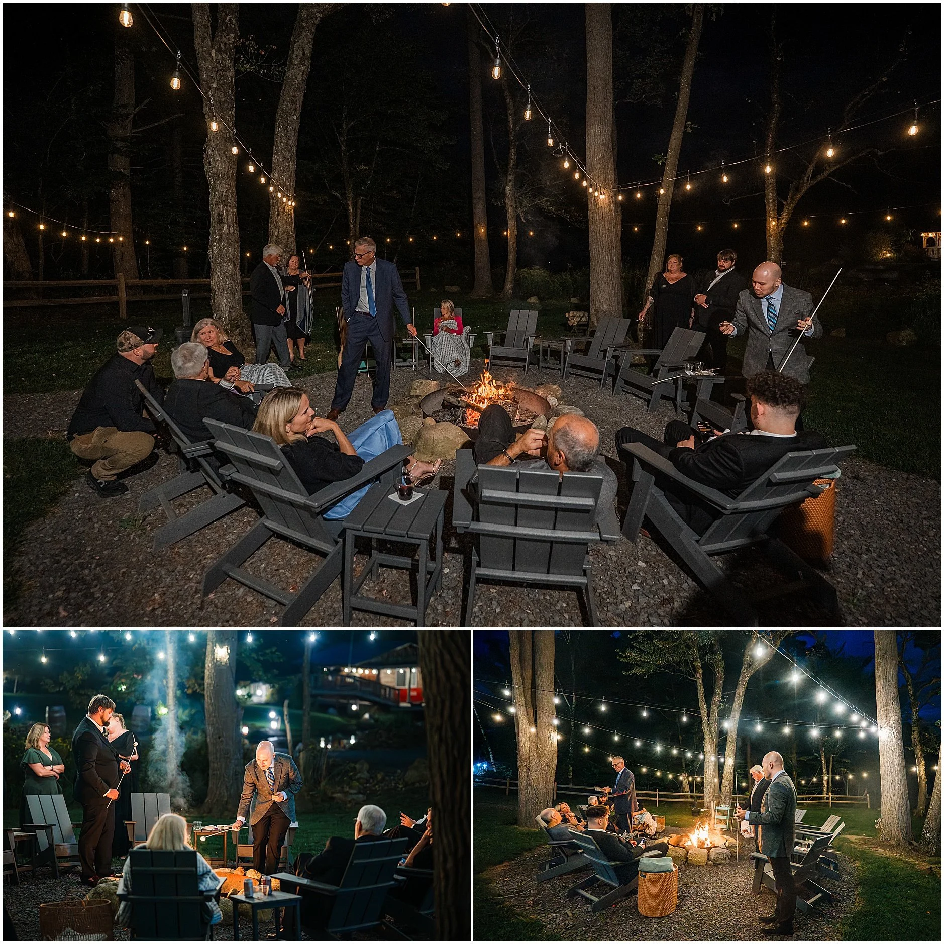 Guests enjoying s'mores by the fire surrounded by nature at The Rosemary at Spano Lake