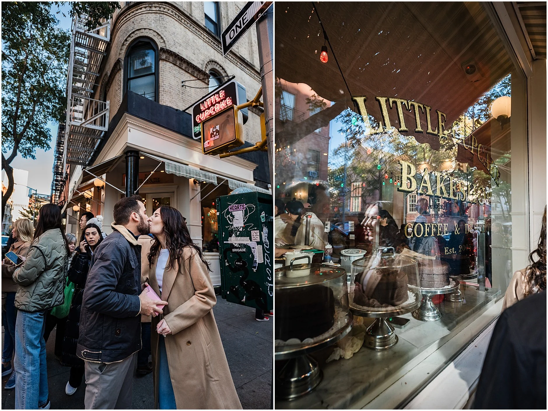Engaged couple sharing a kiss on New York City street corner outside Little Cupcake Bakeshop