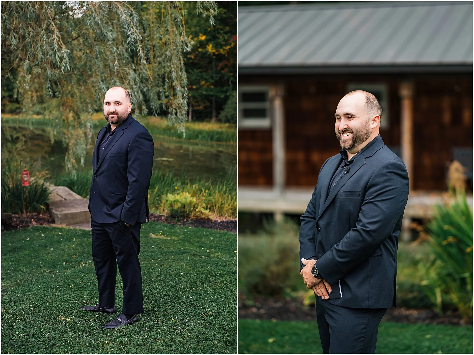 Groomsmen portraits at The Rosemary at Spano Lake with willow tree in the background