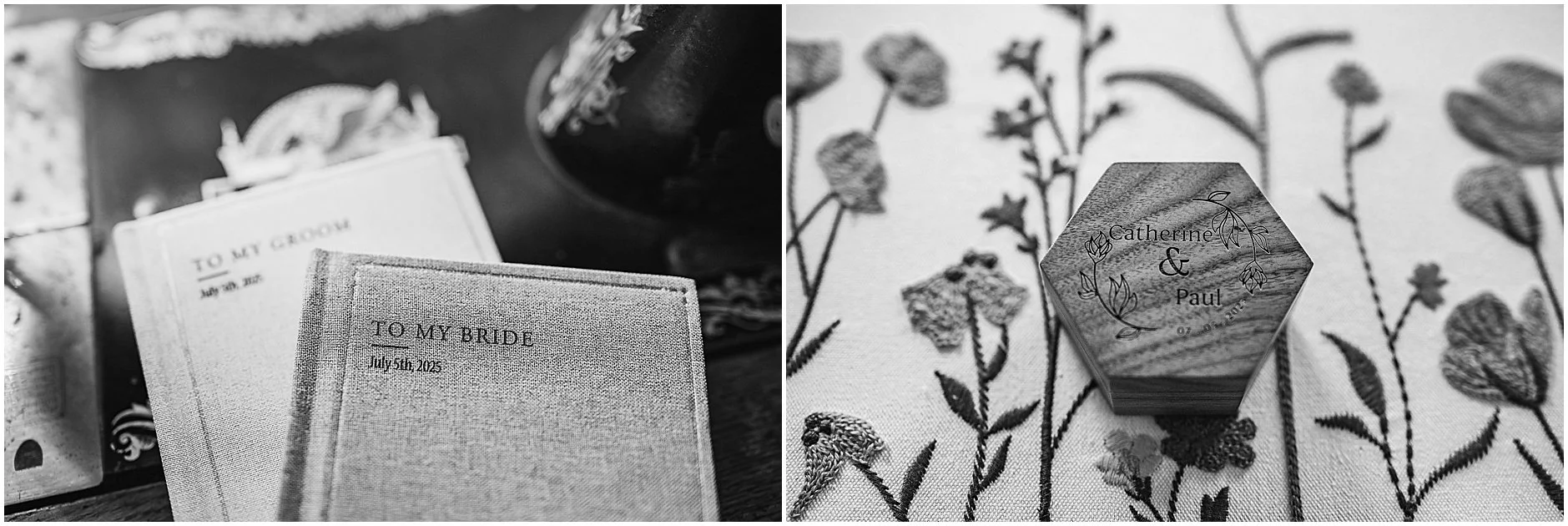 Black and white images of vow books and the ring box