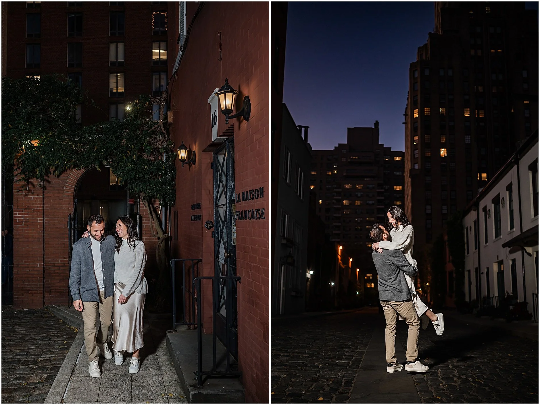 Couple laughing together during Manhattan engagement session on cobblestone streets
