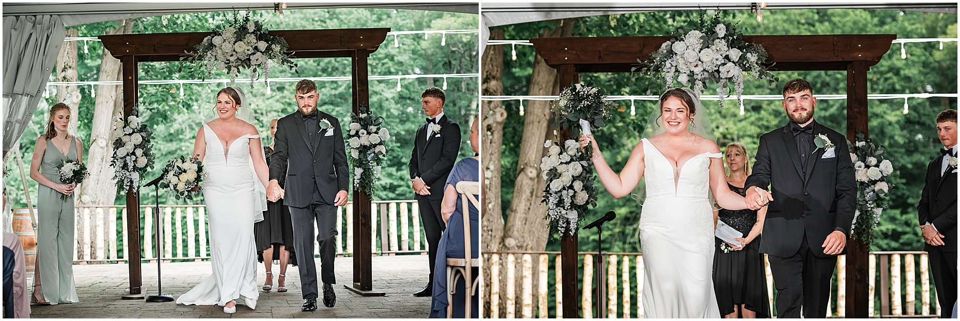Upstate New York bride and groom smiling joyfully as they exit the ceremony together in the Catskills.