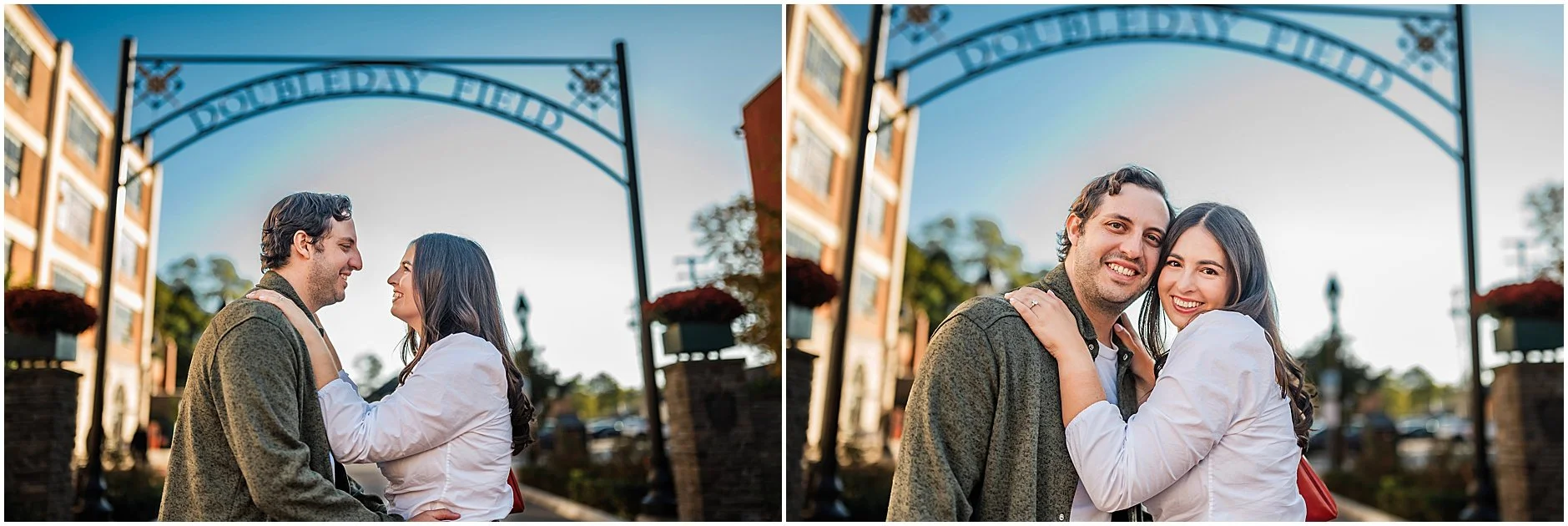 Classic engagement photos in downtown Cooperstown New York outside of Doubleday Field
