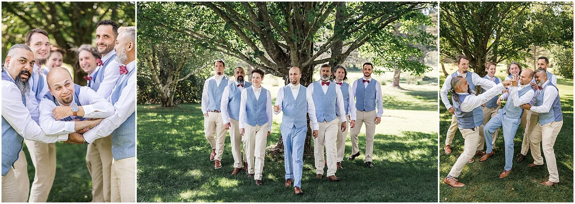 Fun groomsmen photos during a wedding in the Catskill Mountains