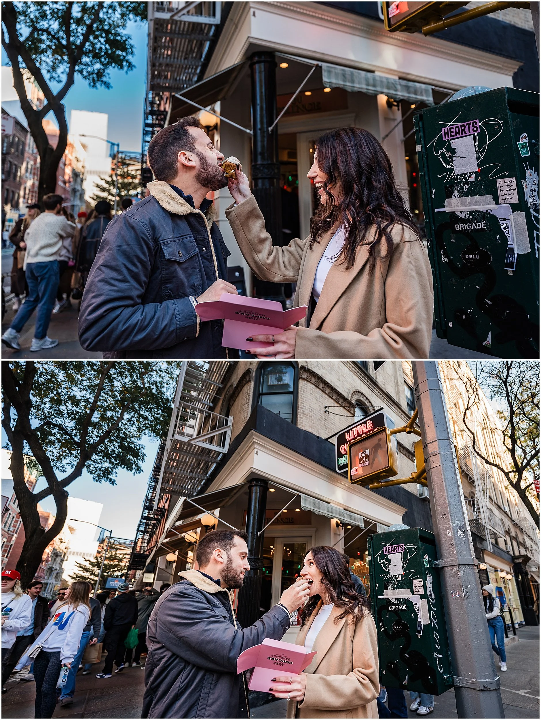 Couple feeding each other cupcakes during Manhattan engagement session on street corner
