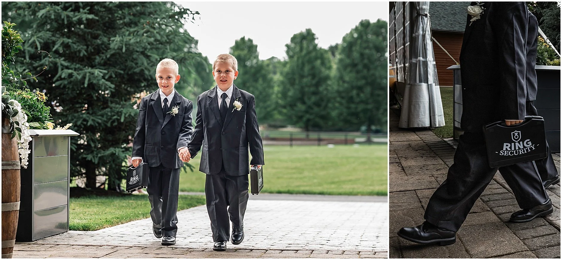 Catskill New York ring bearers holding hards as they walk down the aisle for the ceremony.