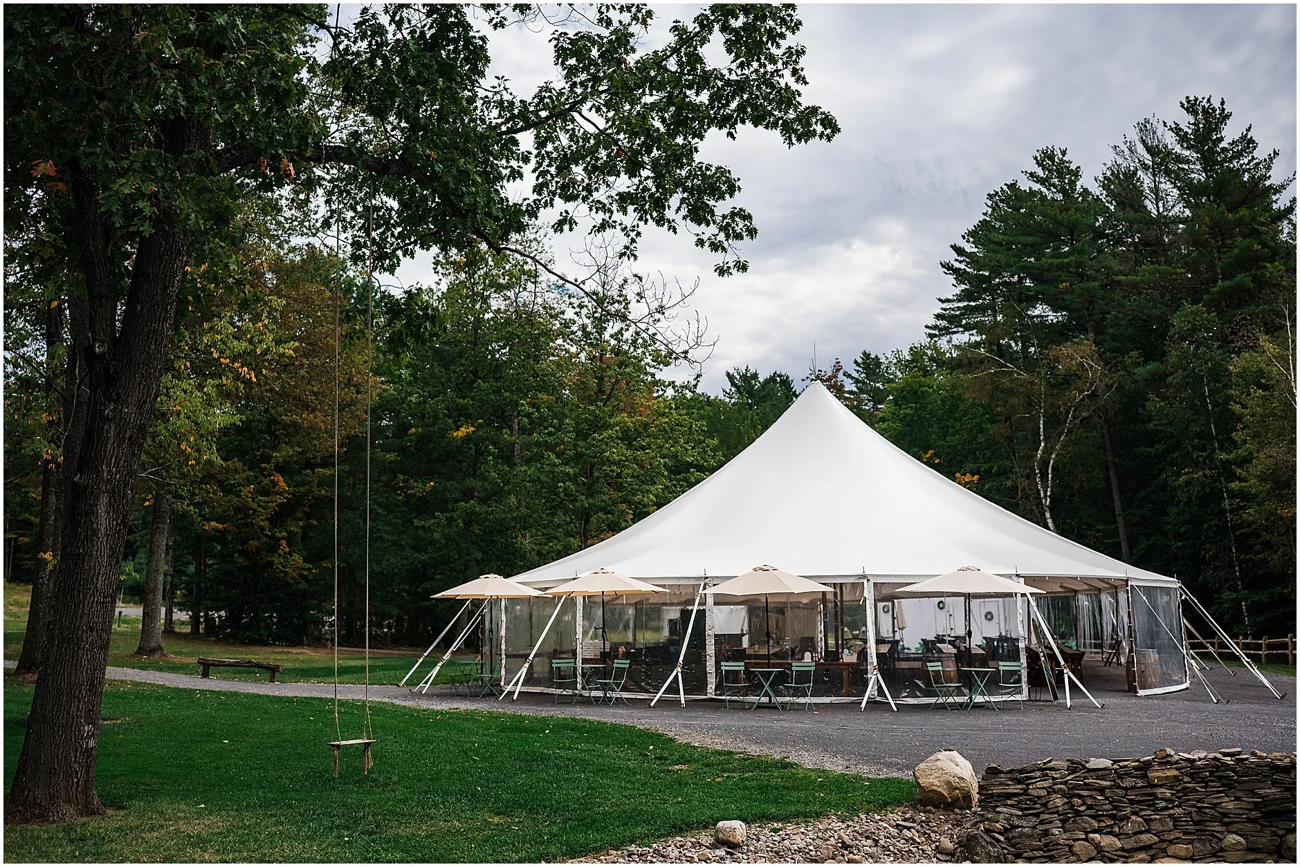 Tented reception area at The Rosemary at Spano Lake a Cooperstown NY wedding venue